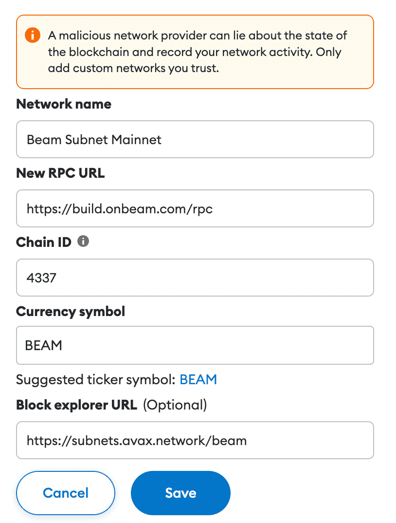 MetaMask Beam RPC Add Network